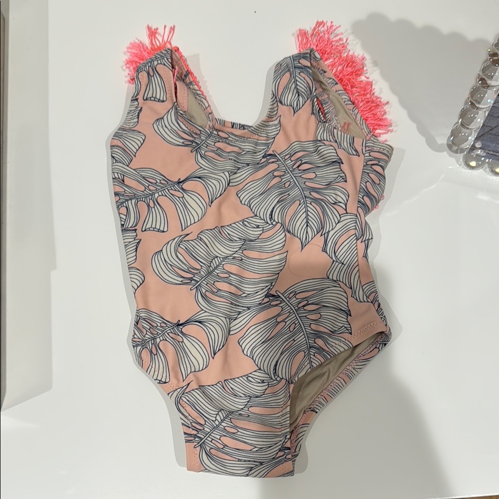 Tropical Leaf Print Kids Swim One Piece